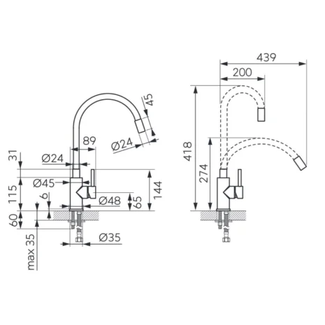 Zumba Inox - Konyhai csaptelep flexibilis kifolyócsővel, fekete méretek Zumba Inox - Konyhai csaptelep flexibilis kifolyócsővel, fekete méretek