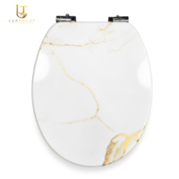 LuxToilet Fehér-Arany Márványmintás MDF Soft Close WC-ülőke Rozsdamentes Acél Zsanérral és Easy Click Rendszerrel